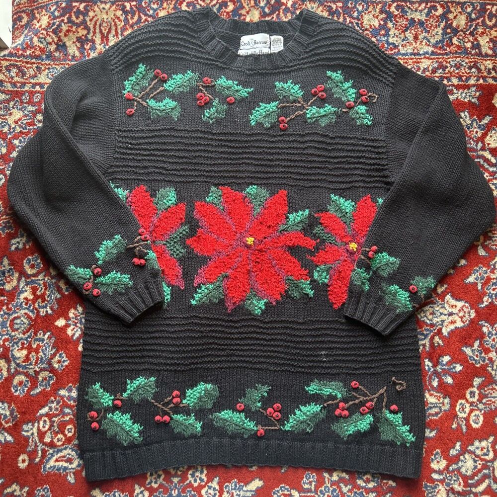 Vintage Croft & Barrow Hand Knit Large Poinsettia Holiday Flower Christmas